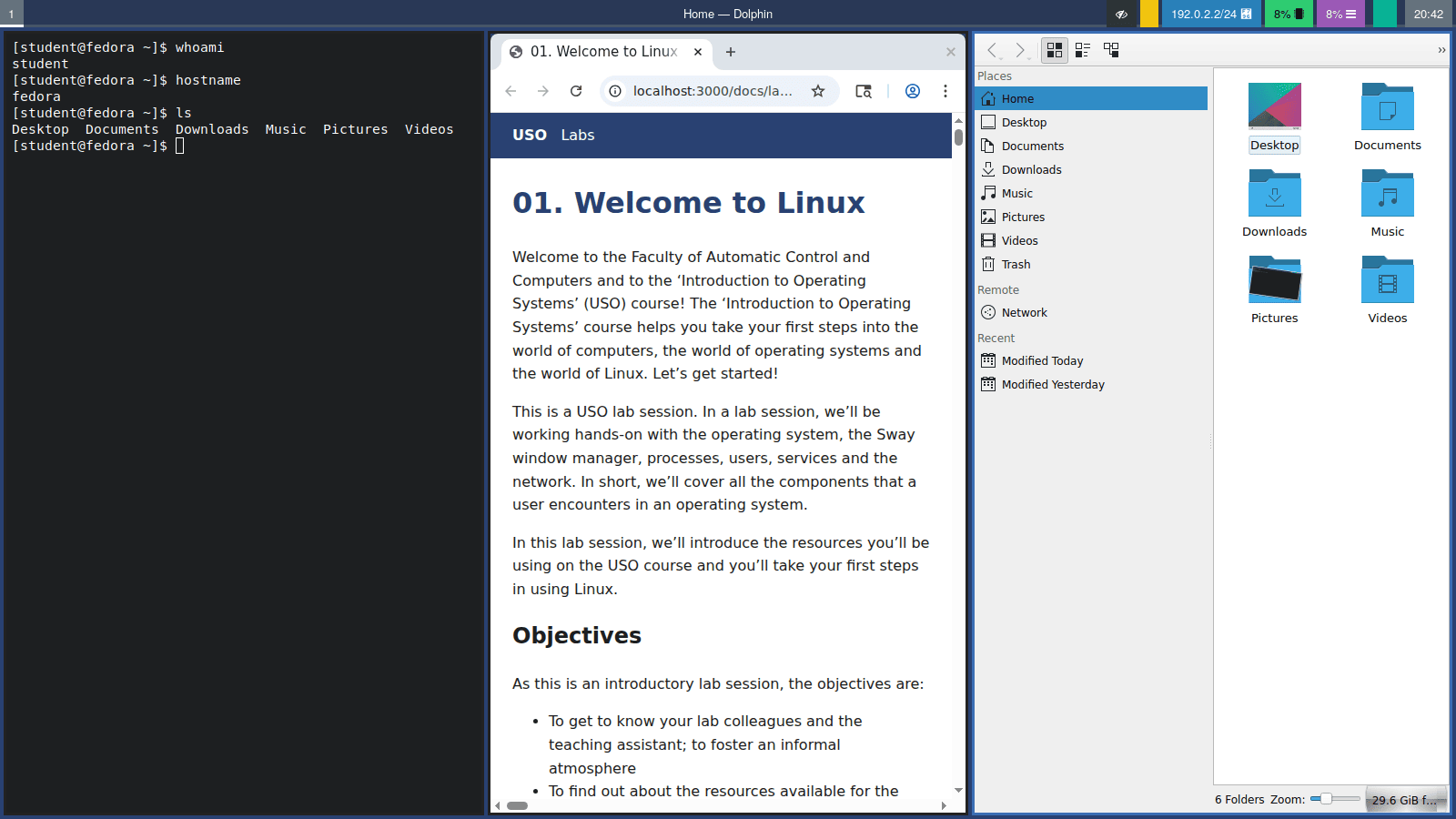 Un terminal, un browser web și managerul de fișiere Thunar, în panouri unul lângă altul în Sway