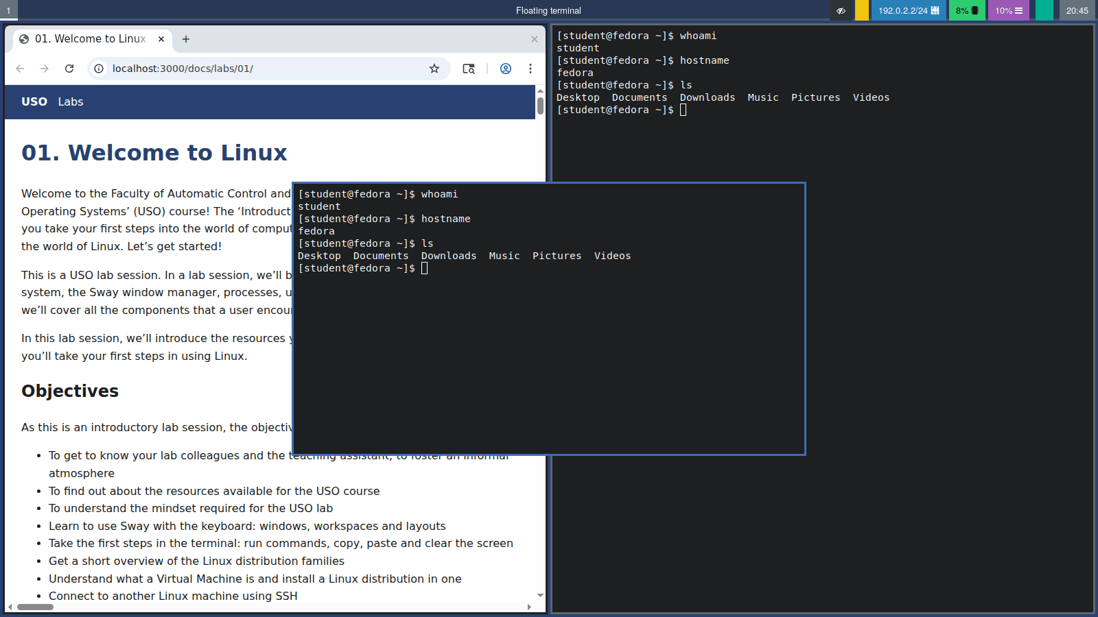 Un terminal plutitor deasupra unui browser și a unui terminal în panouri
