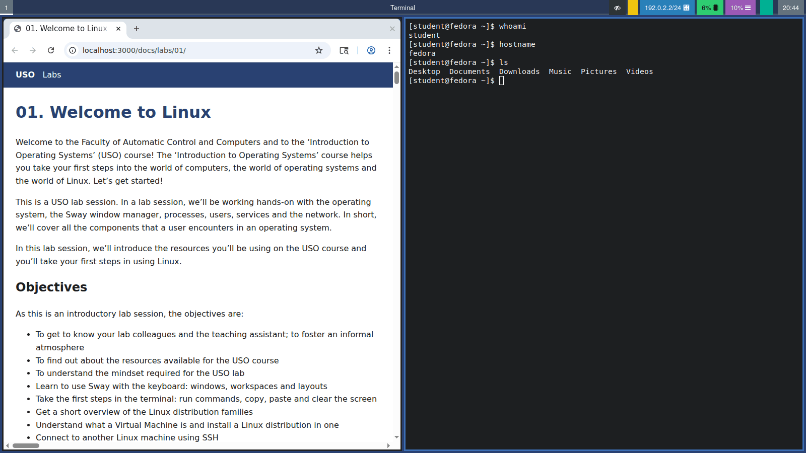 Un browser și un terminal unul lângă altul; terminalul din dreapta are focusul (chenarul colorat)