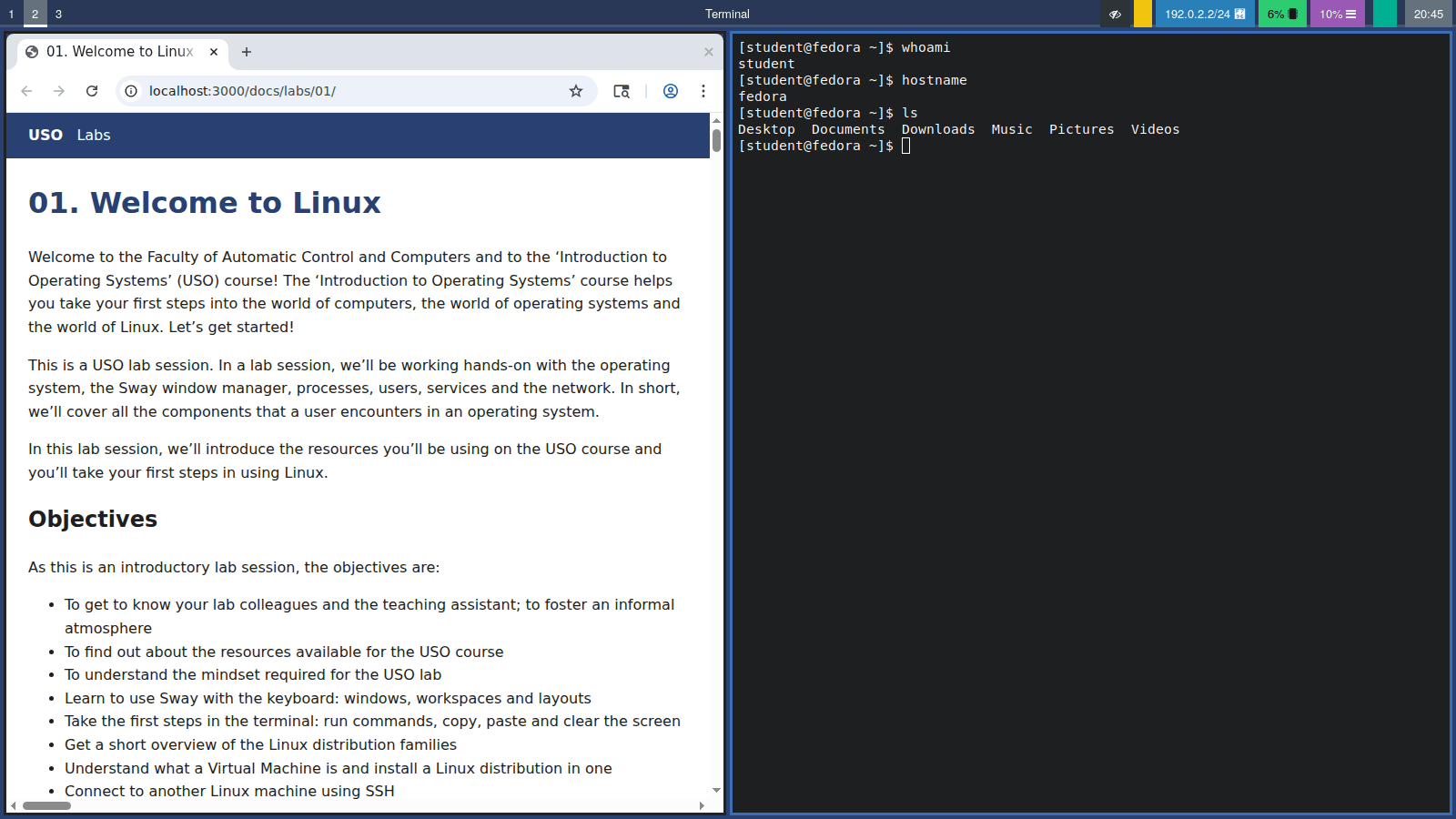 Bara arată spațiile de lucru 1, 2 și 3; este activ spațiul de lucru 2, cu un browser și un terminal